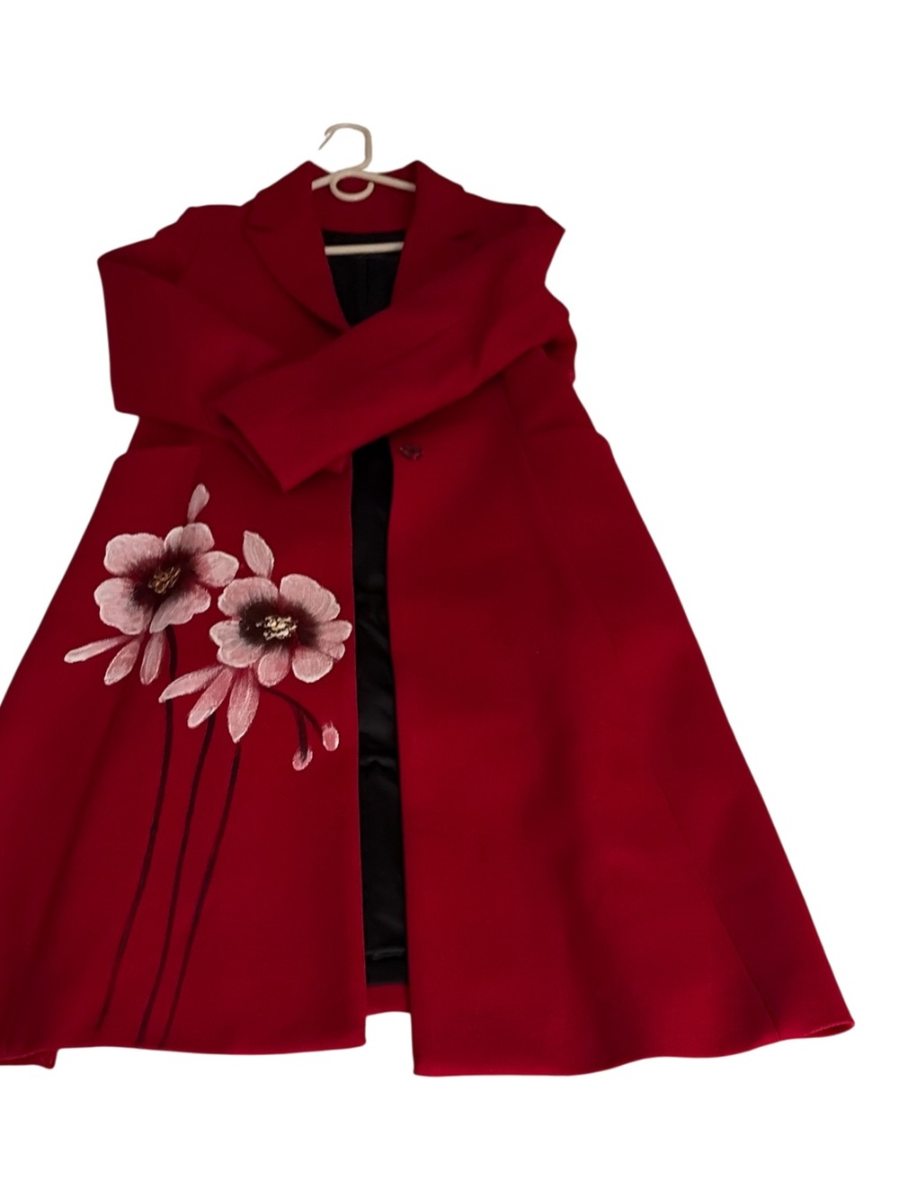 STYLEWE Red Trench Coat with hanpainted Florals on front and back.